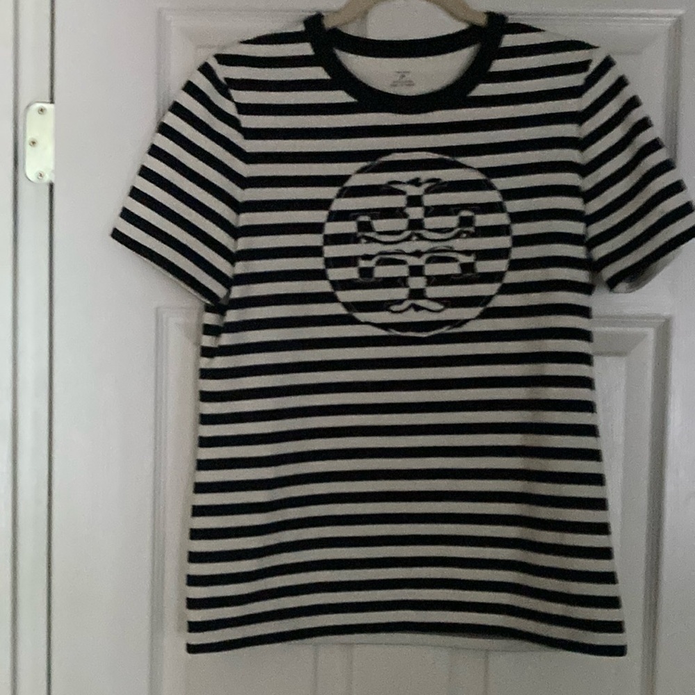 TORY BURCH TShirt. Sz M Black & Cream stripe Excellent condition